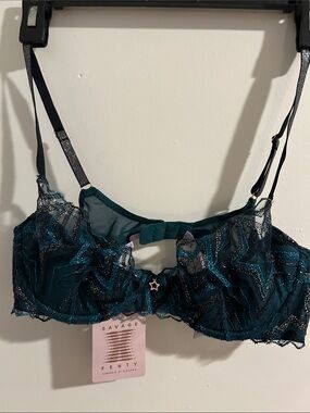 Savage X Fenty Teal & Black Lace Underwire Bra with Star Charm